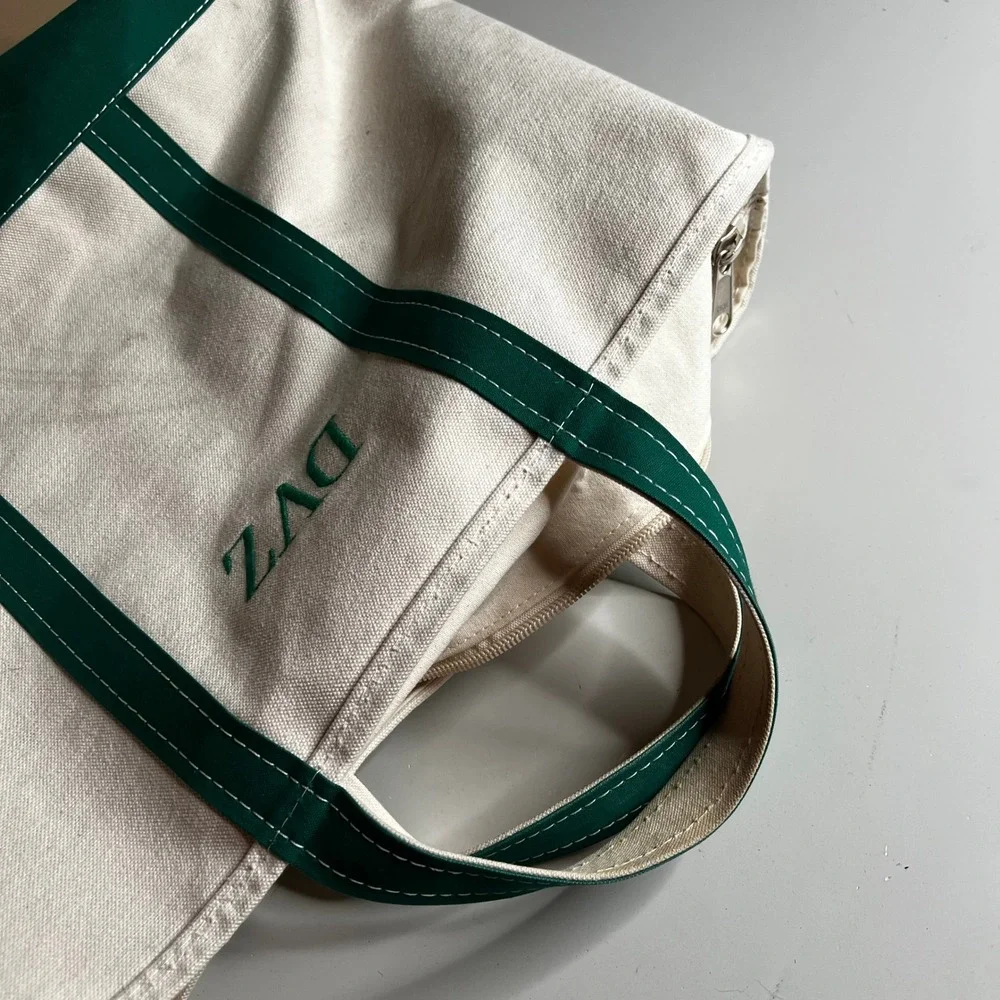 LL Bean Boat and Tote Zip Top Canvas Bag‎ Green Cream DVZ Monogram Large